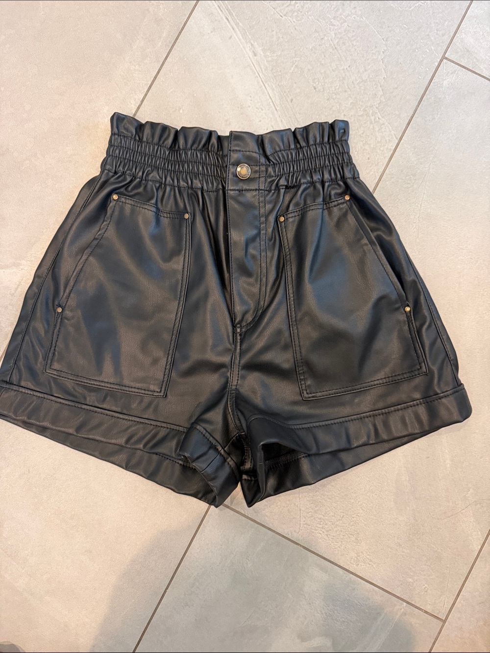 Zara Black Faux Leather High Waist Paperbag Shorts
